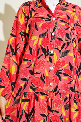 Hakim Yaka Floral Desenli Elbise Alizarin - 500-700 TL Ürünler