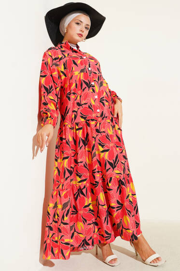 Hakim Yaka Floral Desenli Elbise Alizarin - Elbise