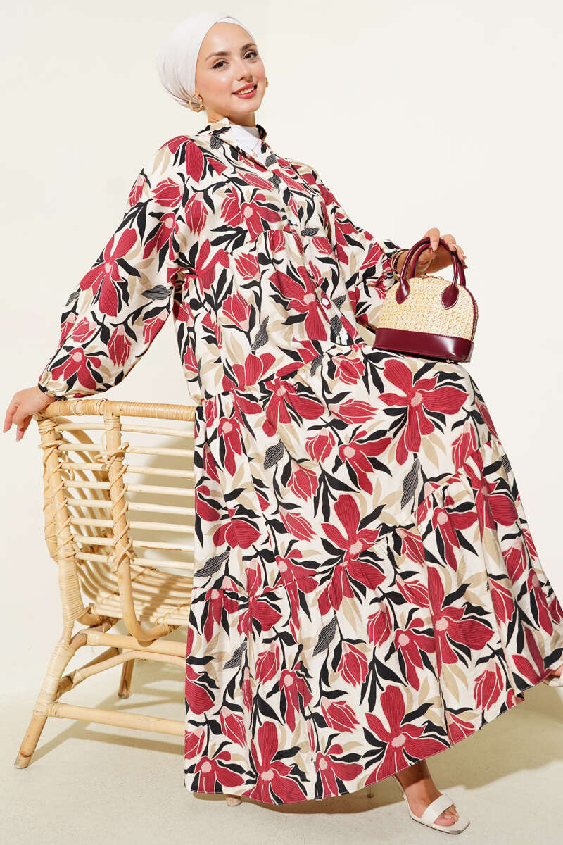 Hakim Yaka Floral Desenli Elbise Bordo