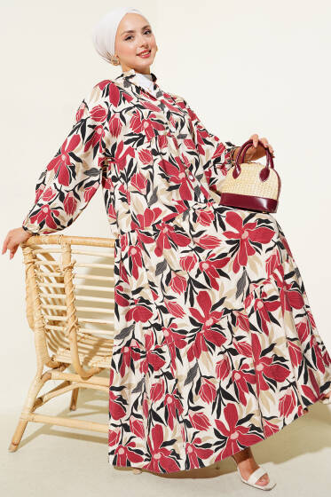 Hakim Yaka Floral Desenli Elbise Bordo - Elbise
