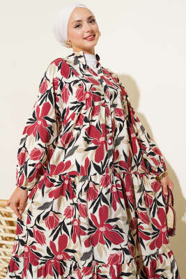 Hakim Yaka Floral Desenli Elbise Bordo - Elbise