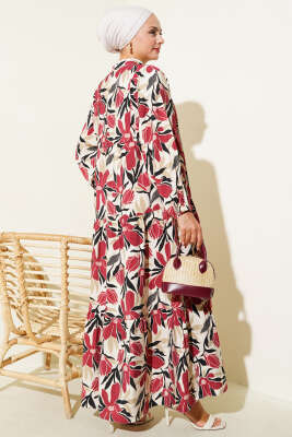 Hakim Yaka Floral Desenli Elbise Bordo - Elbise
