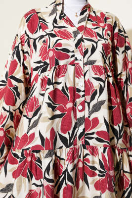 Hakim Yaka Floral Desenli Elbise Bordo - Elbise