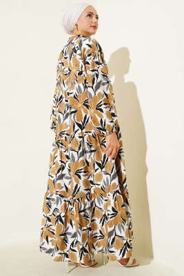 Hakim Yaka Floral Desenli Elbise Hardal - 500-700 TL Ürünler