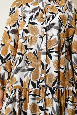 Hakim Yaka Floral Desenli Elbise Hardal - 500-700 TL Ürünler