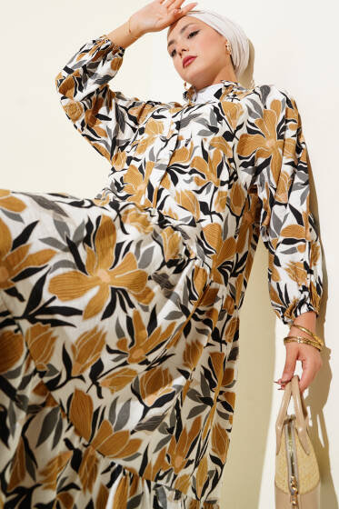 Hakim Yaka Floral Desenli Elbise Hardal - Elbise