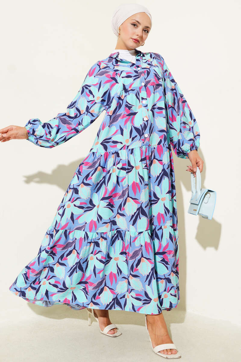 Hakim Yaka Floral Desenli Elbise Mavi