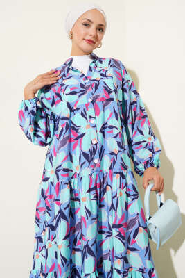 Hakim Yaka Floral Desenli Elbise Mavi - 500-700 TL Ürünler