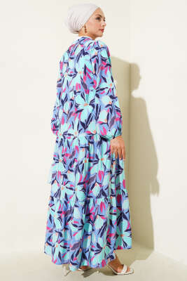 Hakim Yaka Floral Desenli Elbise Mavi - 500-700 TL Ürünler