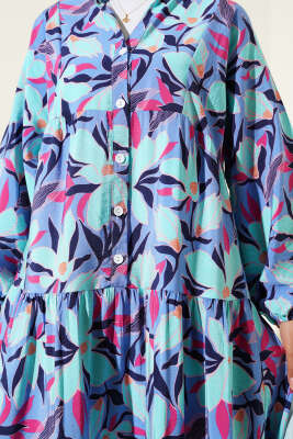 Hakim Yaka Floral Desenli Elbise Mavi - 500-700 TL Ürünler