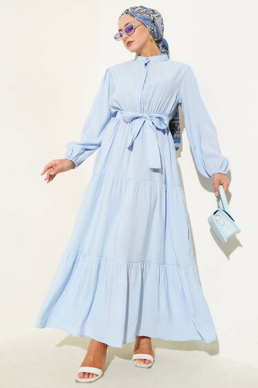 Hakim Yaka Gizli Düğmeli Kat Elbise Mavi - Elbise