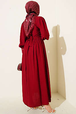 Hakim Yaka Güpürlü Kuşaklı Elbise Bordo - Elbise