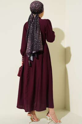 Hakim Yaka Güpürlü Kuşaklı Elbise Burgonya - Elbise