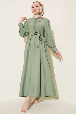 Hakim Yaka Güpürlü Kuşaklı Elbise Çağla Yeşili - HBS
