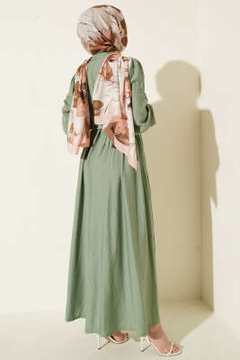 Hakim Yaka Güpürlü Kuşaklı Elbise Çağla Yeşili - Elbise
