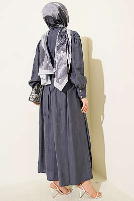 Hakim Yaka Güpürlü Kuşaklı Elbise Füme - Elbise