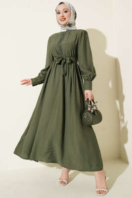 Hakim Yaka Güpürlü Kuşaklı Elbise Haki - HBS