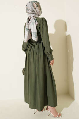 Hakim Yaka Güpürlü Kuşaklı Elbise Haki - Elbise