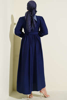 Hakim Yaka Güpürlü Kuşaklı Elbise Lacivert - Elbise