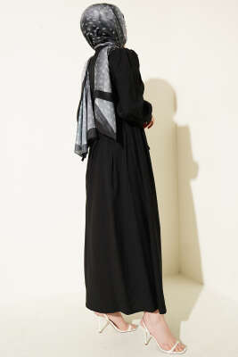 Hakim Yaka Güpürlü Kuşaklı Elbise Siyah - Elbise