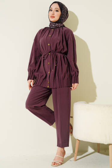 Hakim Yaka İp Bağcıklı İkili Takım Mürdüm - İkili Takım