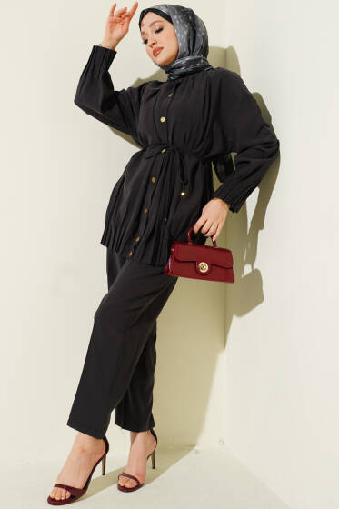 Hakim Yaka İp Bağcıklı İkili Takım Siyah - İkili Takım