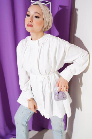 Hakim Yaka İp Kuşaklı Gömlek Beyaz - Gömlek