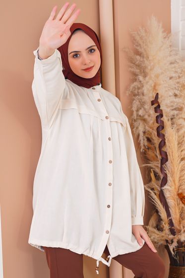 Hakim Yaka İpli Ekru Gömlek Tunik - Tunik