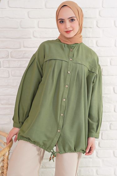 Hakim Yaka İpli Haki Gömlek Tunik - Tunik