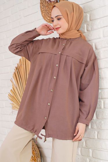 Hakim Yaka İpli Kahve Gömlek Tunik - Tunik