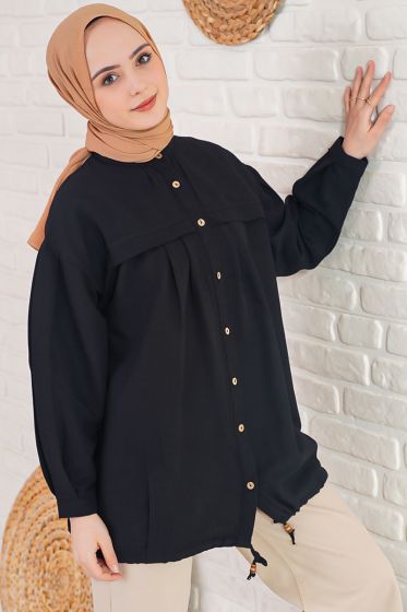 Hakim Yaka İpli Siyah Gömlek Tunik - Tunik