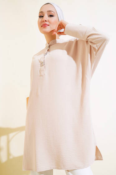 Hakim Yaka Kare Düğmeli Tunik Bej - Tunik