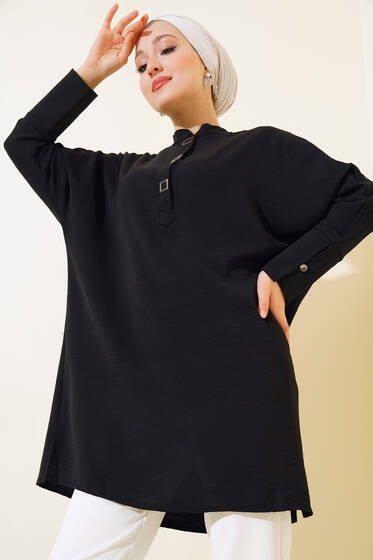 Hakim Yaka Kare Düğmeli Tunik Siyah - Tunik