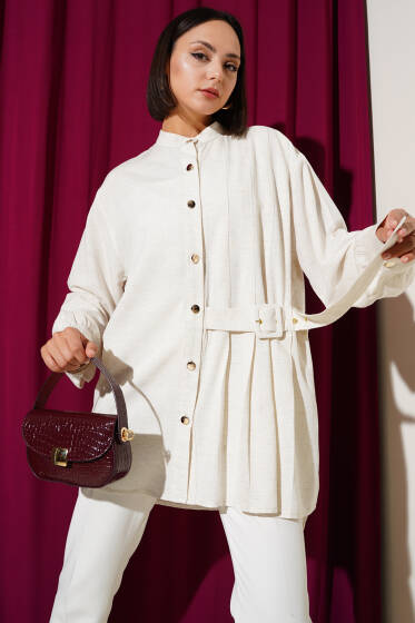 Hakim Yaka Kemer Detaylı Tunik Bej - Tunik