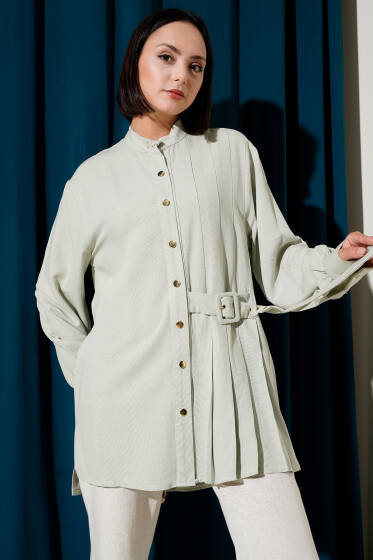 Hakim Yaka Kemer Detaylı Tunik Çağla Yeşili - Tunik