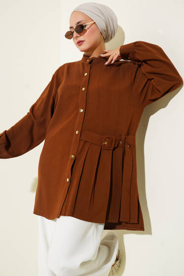 Hakim Yaka Kemer Detaylı Tunik Kahve - Tunik