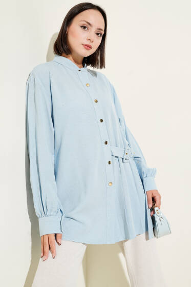 Hakim Yaka Kemer Detaylı Tunik Mavi - Tunik