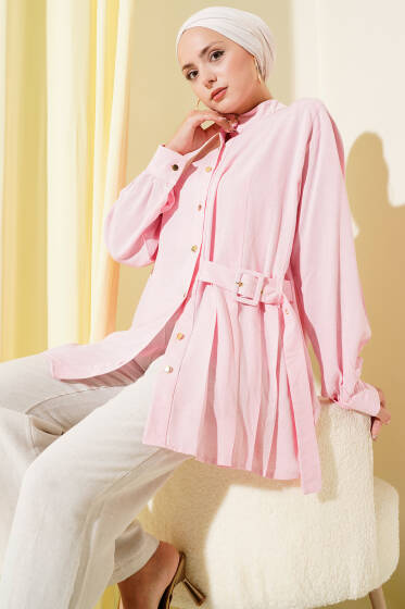 Hakim Yaka Kemer Detaylı Tunik Pembe - Tunik