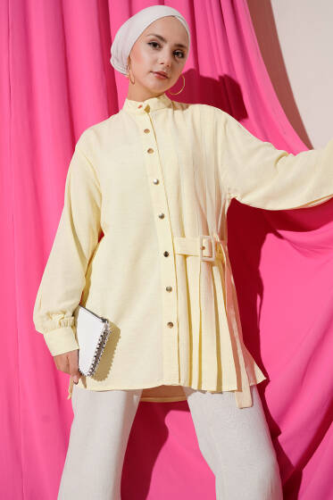 Hakim Yaka Kemer Detaylı Tunik Sarı - Tunik