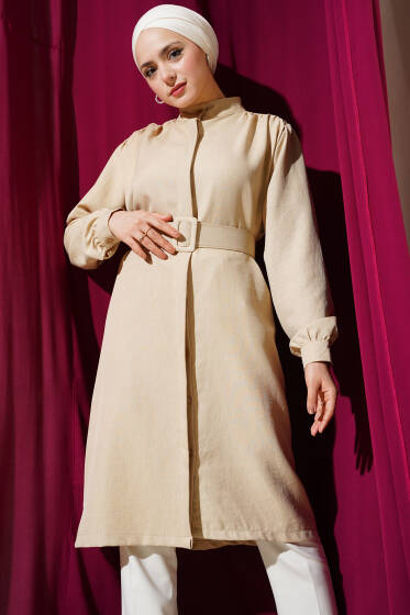 Hakim Yaka Kemerli Uzun Gömlek Bej - Gömlek