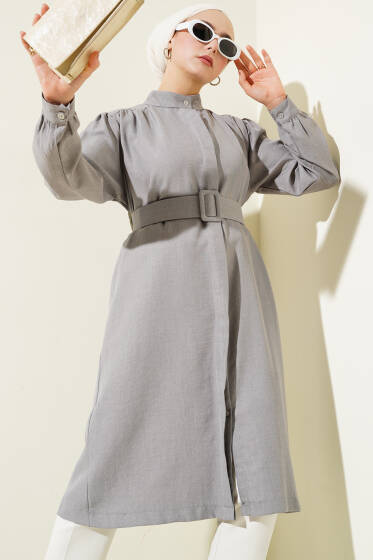 Hakim Yaka Kemerli Uzun Gömlek Gri - Gömlek