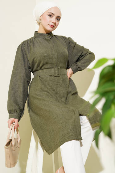 Hakim Yaka Kemerli Uzun Gömlek Haki - Gömlek