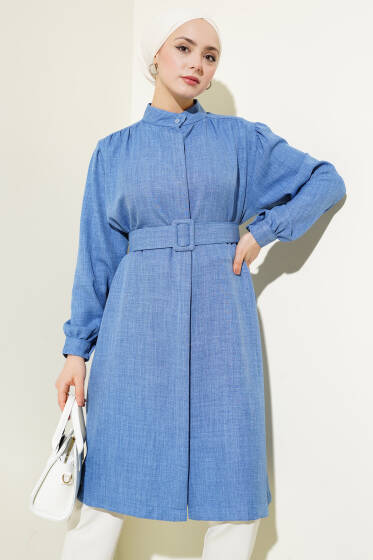 Hakim Yaka Kemerli Uzun Gömlek İndigo - Gömlek