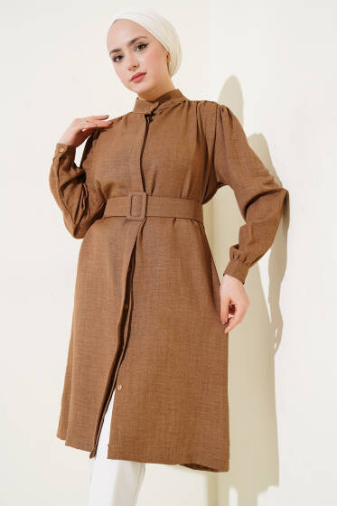 Hakim Yaka Kemerli Uzun Gömlek Kahve - Gömlek