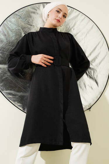 Hakim Yaka Kemerli Uzun Gömlek Siyah - Gömlek