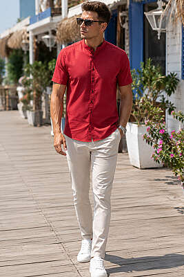 Hakim Yaka Kısa Kol Slim Fit Erkek Gömlek Bordo - Erkek Gömlek