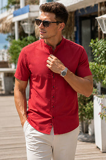 Hakim Yaka Kısa Kol Slim Fit Erkek Gömlek Bordo - Kampanyalı Ürünler
