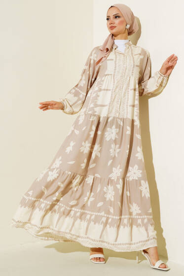 Hakim Yaka Kol Lastikli Elbise Bej - Elbise