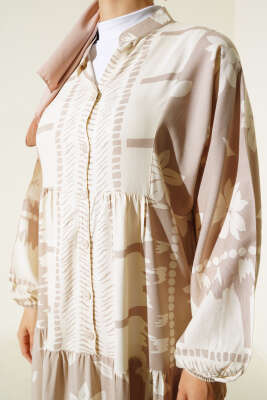 Hakim Yaka Kol Lastikli Elbise Bej - Tesettür Elbise