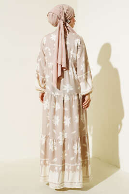 Hakim Yaka Kol Lastikli Elbise Bej - Tesettür Elbise